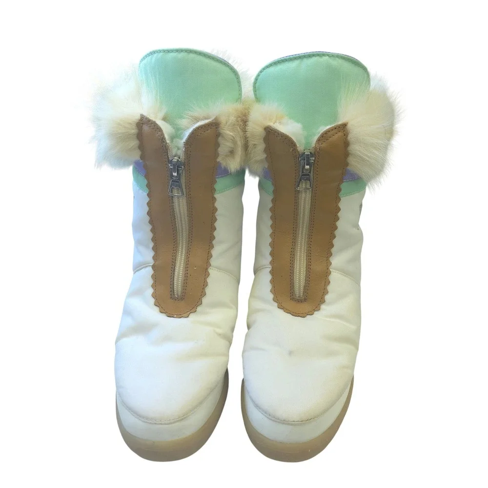 Tecnica Vintage Italian Snow Boots Faux Fur Trim Pastel White Leather Size 41